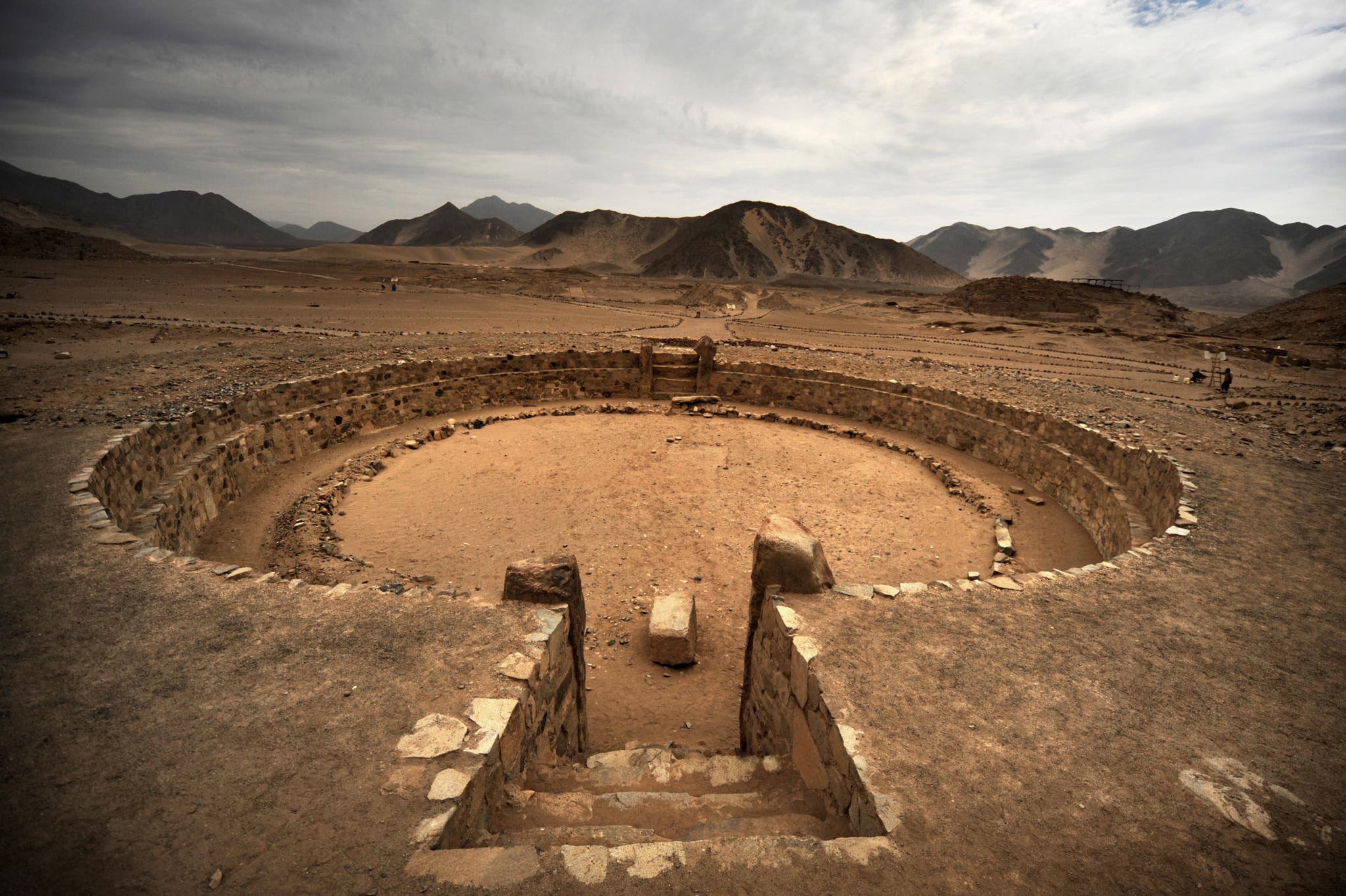 View of one of the amphitheaters of the Caral archaeological complex, in Peru. Almost 5,000 years old, it was built by one of the oldest cultures in the world.